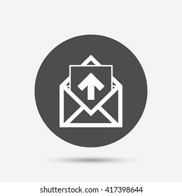 Mail icon. Envelope symbol. Outgoing message sign. Mail navigation button. Gray circle button with icon. Vector