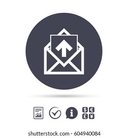 Mail icon. Envelope symbol. Outgoing message sign. Mail navigation button. Report document, information and check tick icons. Currency exchange. Vector