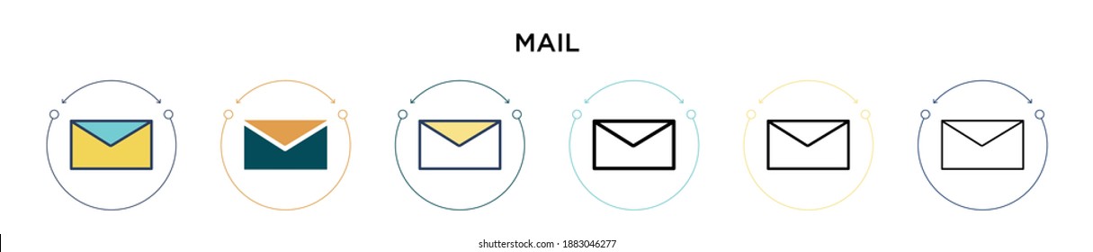 Mail icon in filled, thin line, outline and stroke style. Vector illustration of two colored and black mail vector icons designs can be used for mobile, ui, web
