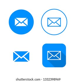 Mail icon, four variants, classic symbol, icon in circle, outlined symbol in circle, and flat icon with long shadow, vector illustration, blue color