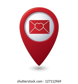 Mail icon with heart on the red map pointer. Vector illustration