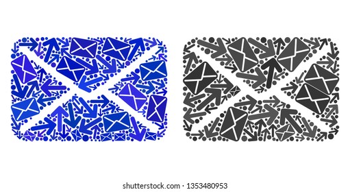 Mail icon mosaic of envelopes and arrows with blue color. Abstract vector mail illustration is shaped with mail delivery symbols. Flat design for mail traffic posters.