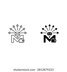Mail icon with multiple arrows pointing outwards communication notification
