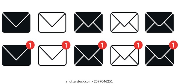Mail icon with notification badge. email icon vector. E-mail icon. Envelope illustration. set of mail icons