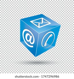 mail icon, phone at sign cube in blue color on the checked transparent background. Vector illustration. Eps 10 vector file.