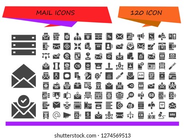  mail icon set. 120 filled mail icons. Simple modern icons about  - Box, Email, Smartphone, File, Website, Filing, Phone book, Communication, Mailbox, Postcard, Message, Spark page