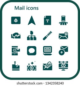 mail icon set. 16 filled mail icons.  Simple modern icons about  - Spam, Navigation, Text, Smartphone, Email, File, Message, Signature, Sent, Phishing, Bill, Vector