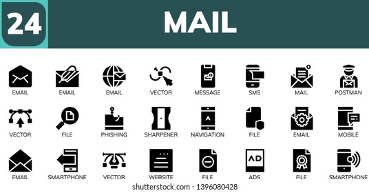 mail icon set. 24 filled mail icons.  Collection Of - Email, Vector, Message, Sms, Mail, Postman, File, Phishing, Sharpener, Navigation, Mobile, Smartphone, Website, Ads