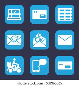 Mail icon. set of 9 filled mail icons such as parcel, cargo box, courier on motorcycle, love letter, envelop, message on phone