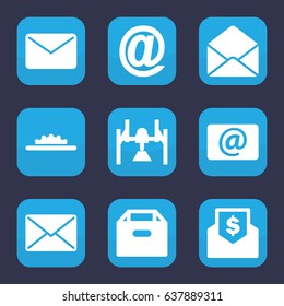 Mail icon. set of 9 filled mail icons such as envelope, email, camera wheel, envelope with dollar bill