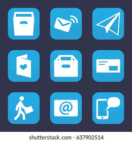 Mail icon. set of 9 filled mail icons such as paper airplane, courier, love letter, email, box, envelop, mail