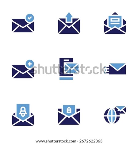 Mail icon set. Bold style. Duotone colors. newsletter, files and folders, email, sent, international mail, new email.