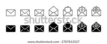 Mail icon set. Closed, open and document envelopes in outline and solid styles vector. Email message set for inbox, contact forms and postal communication tasks sign. Modern notification concept.