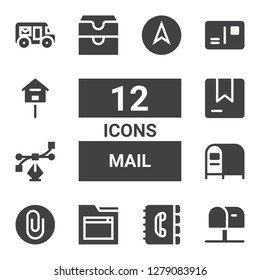 mail icon set. Collection of 12 filled mail icons included Mailbox, Contact book, Website, Attach, Vector, Box, Inbox, Postcard, Mail truck, Navigation