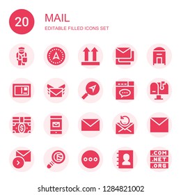 mail icon set. Collection of 20 filled mail icons included Postman, Navigation, Side up, Messages, Mail, Postcard, Email, Message, Website, Mailbox, Bills, Sending, Search mail