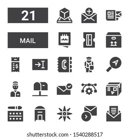 mail icon set. Collection of 21 filled mail icons included Email, Sending, Navigation, Mail, Watercolor, Box, Vector, Mailbox, Delivery man, Message, Postman, Contact book, Text