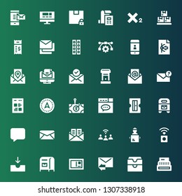 mail icon set. Collection of 36 filled mail icons included Register, Inbox, Email, Postcard, Mailbox, Wireless internet, Delivery man, Communication, Mail, Message, Sharpener