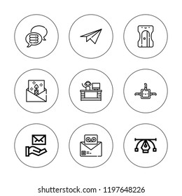 Mail icon set. collection of 9 outline mail icons with birthday invitation, box, email, mail, message, paper plane, sharpener, registration icons. editable icons.