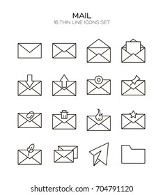Mail icon set. Collection of email line icons. 16 high quality logo of communication on white background. Pack of symbols for design website, mobile app, printed material, etc.