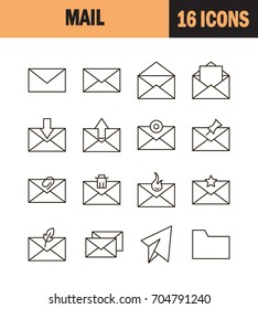 Mail icon set. Collection of email line icons. 16 high quality logo of communication on white background. Pack of symbols for design website, mobile app, printed material, etc.
