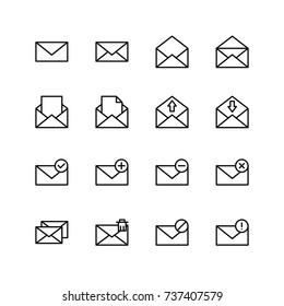 Mail icon set. Collection of high quality outline technology pictograms in modern flat style. Black email symbol for web design and mobile app on white background. Enevelope line logo.