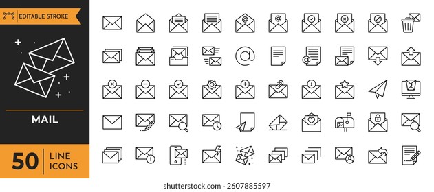 Mail icon set. Containing mail, email, mailbox, letter, send, receive, post office, envelope, and more. Vector illustration