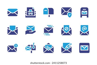 E-Mail-Symbol gesetzt. Duotonfarbe. Vektorgrafik. Enthält E-Mail, Mailbox, anonyme Mail, Briefumschlag, Benachrichtigung, Brief, Nachricht, Spam.