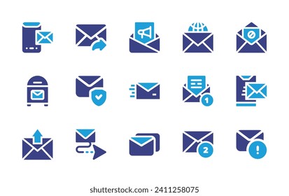 Mail icon set. Duotone color. Vector illustration. Containing send email, mail, secure mail, email, newsletter, block, message, post office, envelope, files and folders, error message.