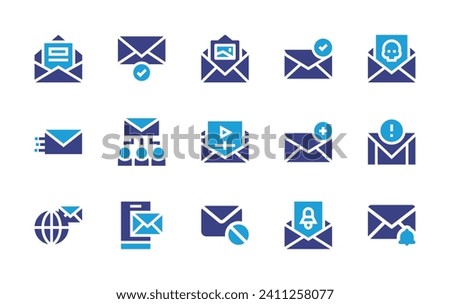 Mail icon set. Duotone color. Vector illustration. Containing newsletter, mail, email, sent, international mail, email blocker, email notification, mail list, new email.