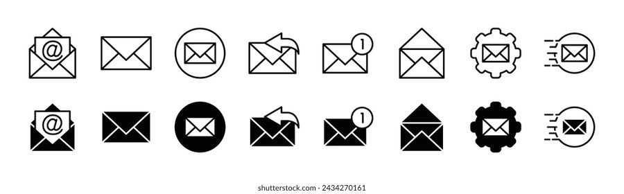 Mail icon set. Email, E-mail, envelope sign and symbol. Containing inbox, sent, reply, notification, settings, fast response, button, read, and receive for app and website. Vector illustration