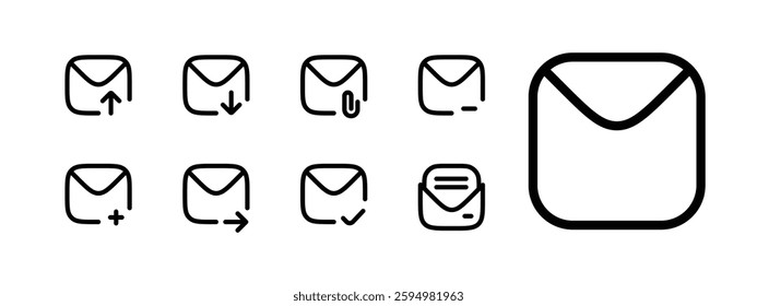 Mail icon set. Email and letters icons. Attach Email, Outgoing Mail, Email Read icons