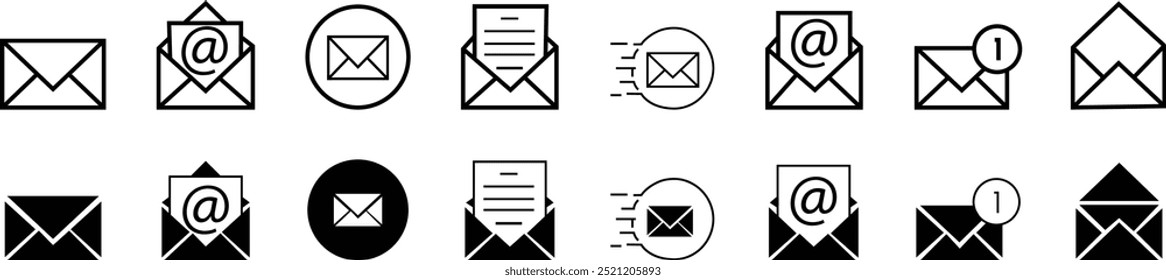 Ícone de email, Email, postar, carta, envelope, newsletter, notificação nova mensagem isolada no fundo transparente. Design plano de contorno de linha, ícones de e-mail adaptados para web, site, aplicativo móvel, UI