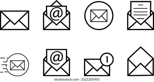 Ícone de email, Email, postar, carta, envelope, newsletter, notificação nova mensagem isolada no fundo transparente. Design plano de contorno de linha, ícones de e-mail adaptados para web, site, aplicativo móvel, UI