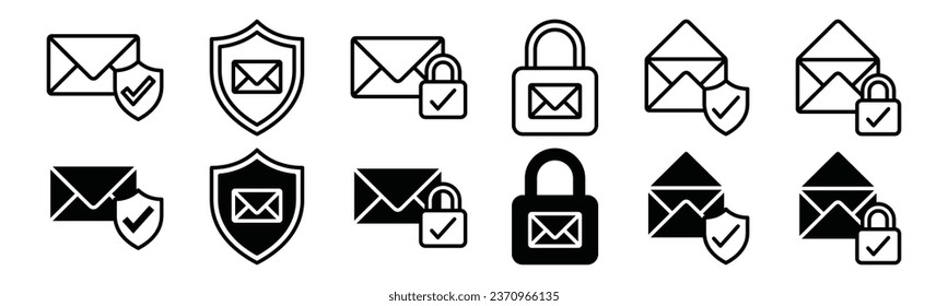 E-Mail-Symbol gesetzt. E-Mail-Sicherheitssymbol-Vektorgrafik. E-Mail-Symbol Umschlagsymbol. E-Mail mit Schildschutz, Vorhängeschloss und Prüfzeichen für Apps und Websites