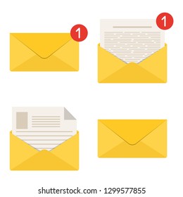 Mail icon set. Envelope sign. One incoming message. New email notification. Open and read message. Vector illustration