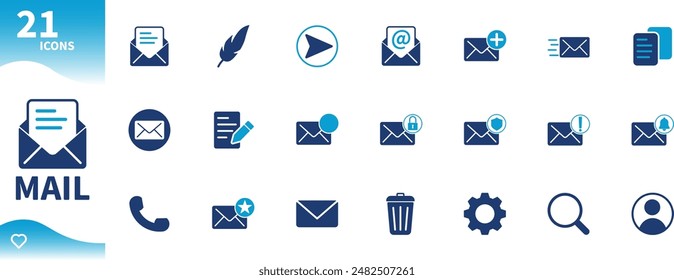 Mail icon set. Set of icons for mailing, contact, write, copy, envelope,...