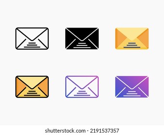 Mail icon set with line, outline, flat, filled, glyph, color, gradient. Can be used for digital product, presentation, print design and more.