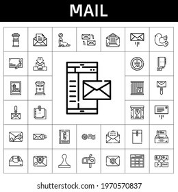mail icon set. line icon style. mail related icons such as pigeon, mail, seal, stamp, crate, message, mailing, phone book, envelope, mailbox, web, postcard, contact, letterbox