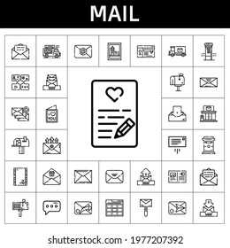 mail icon set. line icon style. mail related icons such as website, mail, food truck, stamp, message, envelope, box, truck, web, postcard, post office, love letter