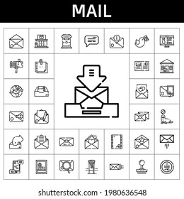 mail icon set. line icon style. mail related icons such as pigeon, website, mail, seal, stamp, message, outbox, envelope, communications, mailbox, package delivered, postcard