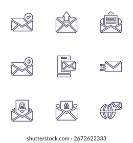 Mail icon set. Line style. Editable stroke. newsletter, files and folders, email, sent, international mail, new email.
