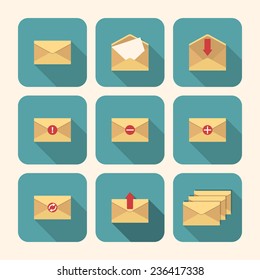 Mail icon set of nine envelopes in flat design. Vector illustration.