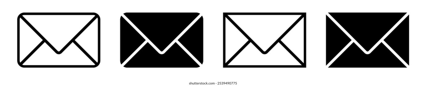 Mail icon set, rounded corner newsletter icon black and white, Envelope flat line art pictogram, email message sign, newsletter web button, close email letter outline vector symbol