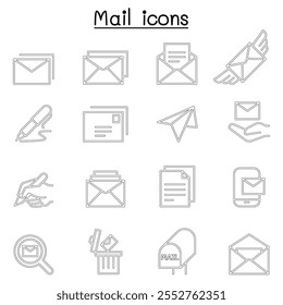 Icono de correo establecido en estilo de línea delgada