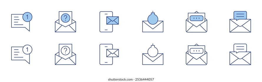 Icono de correo establecido en dos estilos, Duotone y estilo de línea fina. Trazo editable. bomba, correo electrónico, nuevo mensaje, pregunta, sms.