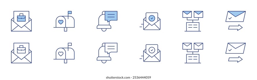 Mail icon set in two styles, Duotone and Thin Line style. Editable stroke. confirmation, emails, hired, receive, mailbox, notification.