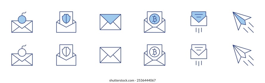 Mail icon set in two styles, Duotone and Thin Line style. Editable stroke. bitcoin, email, paper plane, mail, message.
