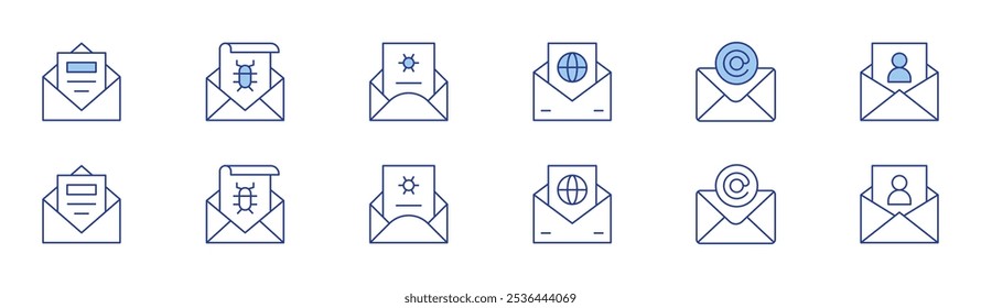Mail icon set in two styles, Duotone and Thin Line style. Editable stroke. business, email, newsletter, spam, test results.