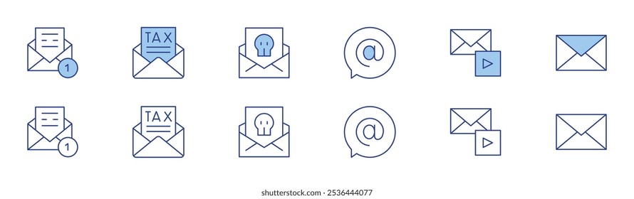 Ícone de email definido em dois estilos, Duotônico e Linha fina. Curso editável. at, email marketing, mail, imposto, email, envelope.