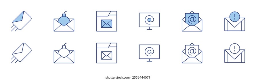 Mail icon set in two styles, Duotone and Thin Line style. Editable stroke. at, email, mail, marketing.